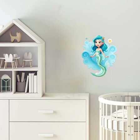 Dalgalı Mavi Saçlı Deniz Kızı Duvar Sticker'ı