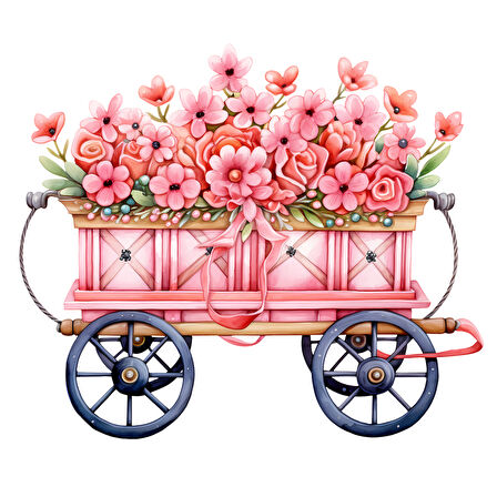 Pembe Çiçekli ve Mavi Tekerlekli El Arabası Duvar Sticker'ı