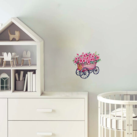 Pembe Çiçekli Ahşap Görünümlü El Arabası Duvar Sticker'ı