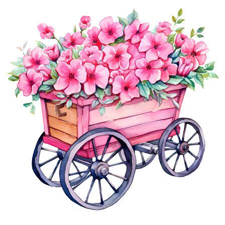 Pembe Çiçekli Ahşap Görünümlü El Arabası Duvar Sticker'ı