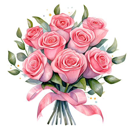 Yapraklı ve Kurdeleli Gül Buketi Duvar Sticker'ı