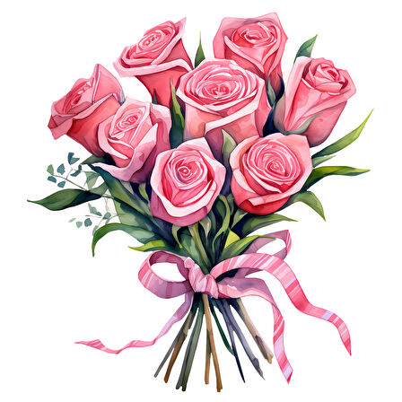 Pembe Kurdeleli Gül Buketi Duvar Sticker'ı