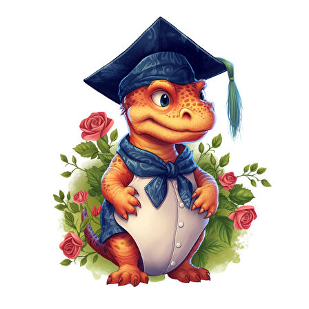 Mezuniyet Şapkalı Turuncu Dinozor ve Güller Duvar Sticker'ı