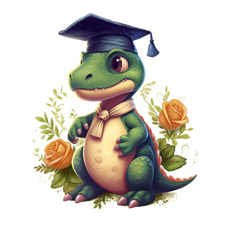 Mezuniyet Şapkalı Yeşil Dinozor ve Sarı Güller Duvar Sticker'ı