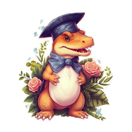 Mezuniyet Şapkalı Turuncu Dinozor ve Güller Duvar Sticker'ı