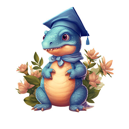 Mezuniyet Şapkalı Mavi Dinozor ve Çiçekler Duvar Sticker'ı