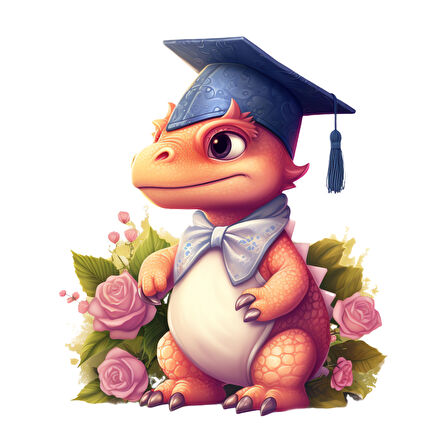 Mezuniyet Şapkalı Kırmızı Dinozor ve Pembe Güller Duvar Sticker'ı