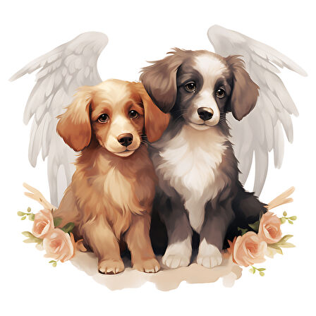 Kanatlı İki Köpek ve Çiçekler Duvar Stickerı