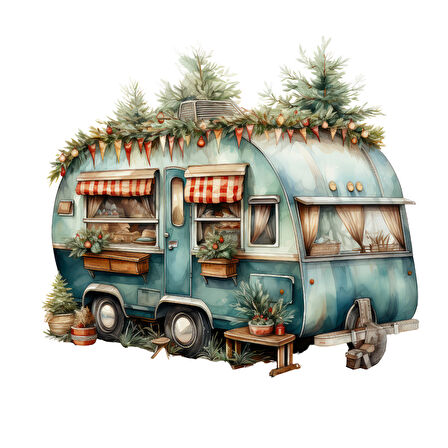 Kırmızı Tavanlı Çam Ağaçlı Karavan Stickerı