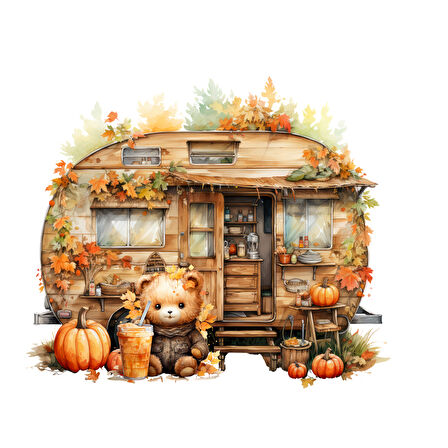 Ayıcık ve Kabaklı Sonbahar Karavanı Duvar Stickerı