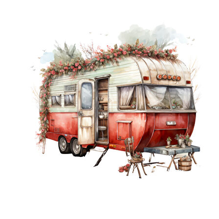 Kırmızı Çelenkli ve Noel Dekorasyonlu Karavan Duvar Çıkartması