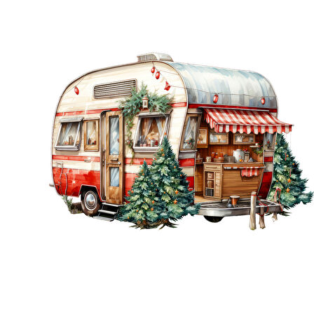 Noel Ağaçları ve Kırmızı Tenteli Karavan Duvar Çıkartması