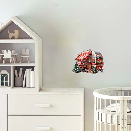 Kırmızı-Beyaz Çizgili Tenteli ve Noel Ağaçlı Karavan Duvar Çıkartması