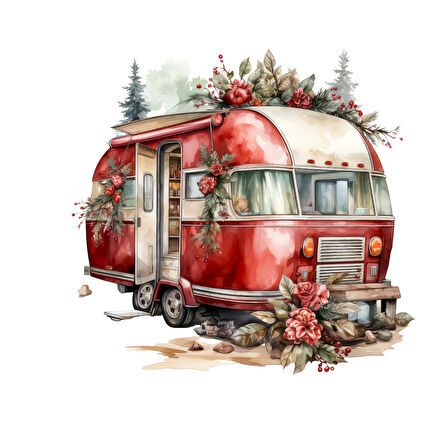 Karlı Çam Ağaçları ve Çiçekli Kırmızı Karavan Duvar Çıkartması