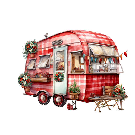 Ekose Tenteli ve Noel Dekorasyonlu Karavan Duvar Çıkartması