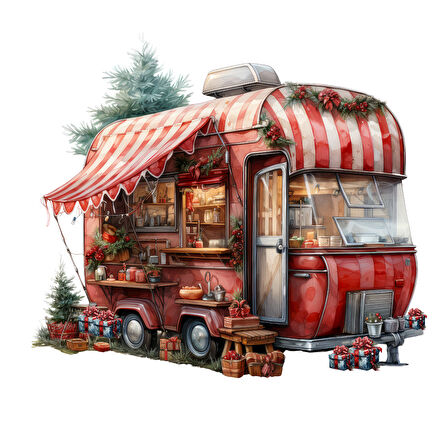 Kırmızı-Beyaz Çizgili Tenteli ve Noel Temalı Karavan Duvar Çıkartması