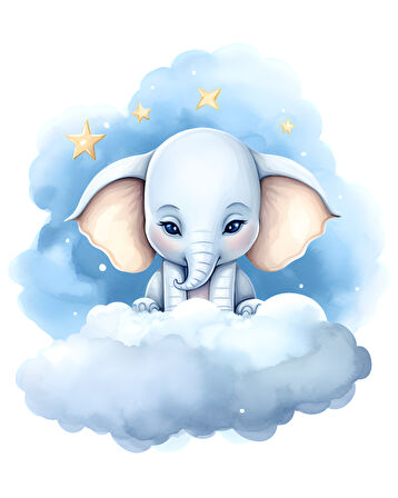 Yıldızlı Mavi Bulut Üzerinde Oturan Sevimli Fil Duvar Çıkartması