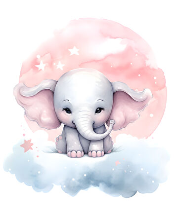 Pembe Ay ve Yıldızlı Bulut Üzerinde Oturan Sevimli Fil Duvar Çıkartması