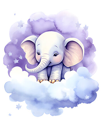 Yıldızlı Bulut Üzerinde Oturan Mor Fil Duvar Çıkartması