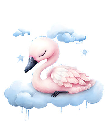 Yıldızlı Mavi Bulut Üzerinde Uyuyan Pembe Flamingo Duvar Çıkartması