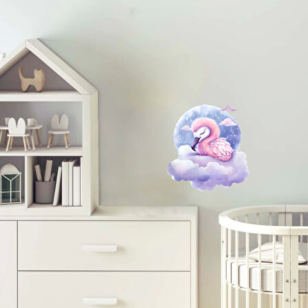 Yıldızlı ve Bulutlu Küre İçinde Uyuyan Pembe Flamingo Duvar Çıkartması