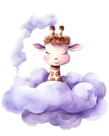 Yıldızlı Mor Bulut Üzerinden Bakan Sevimli Zürafa Duvar Çıkartması