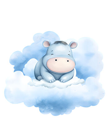 Mavi Bulut Üzerinde Oturan Sevimli Su Aygırı Duvar Çıkartması