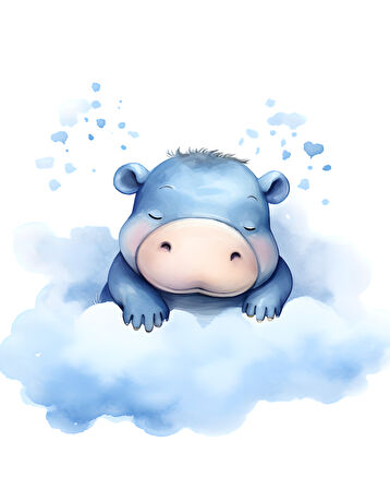 Mavi Bulutlar Arasında Uyuyan Sevimli Su Aygırı Duvar Çıkartması