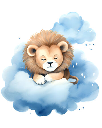 Mavi Bulut Üzerinde Uyuyan Sevimli Aslan Yavrusu Duvar Çıkartması