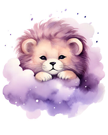Mor Bulut Üzerinde Duran Mor Yeleli Sevimli Aslan Yavrusu Duvar Çıkartması