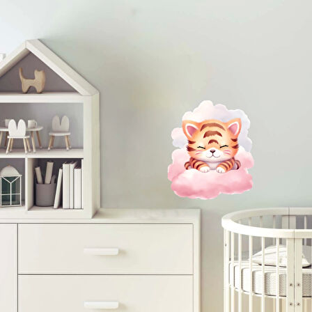 Pembe Bulut Üzerinde Uyuyan Sevimli Kaplan Yavrusu Duvar Çıkartması