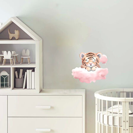 Pembe Bulut Üzerinde Uyuyan Sevimli Kaplan Yavrusu Duvar Çıkartması