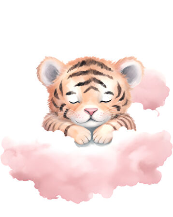 Pembe Bulut Üzerinde Uyuyan Sevimli Kaplan Yavrusu Duvar Çıkartması