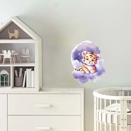 Mor Ay ve Bulut Üzerinde Oturan Sevimli Kaplan Yavrusu Duvar Çıkartması