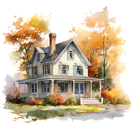 Sonbahar Ağaçları Arasında Beyaz Ev Duvar Stickerı