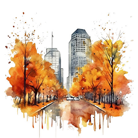 Yansımalı Şehir Manzarası ve Sonbahar Ağaçları Duvar Stickerı