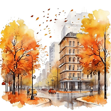 Şehir Sokağı ve Turuncu Yapraklı Ağaçlar Duvar Stickerı