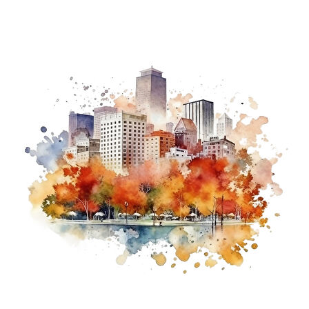 Soyut Şehir Silüeti ve Renkli Sonbahar Ağaçları Duvar Stickerı