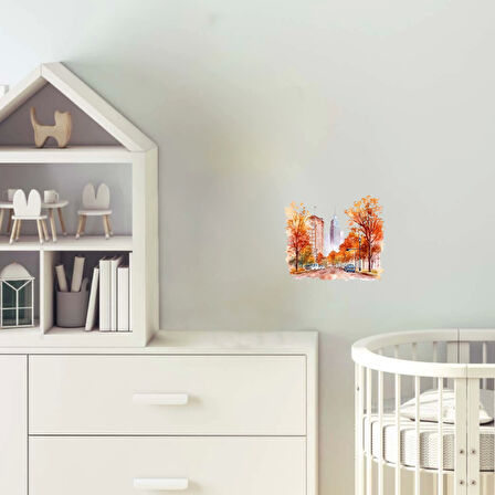 Sonbahar Şehir Yolu ve Mavi Araba Duvar Stickerı