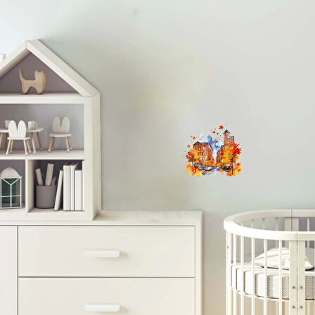 Yaprakların Arasında Sonbahar Şehir Binası Duvar Stickerı