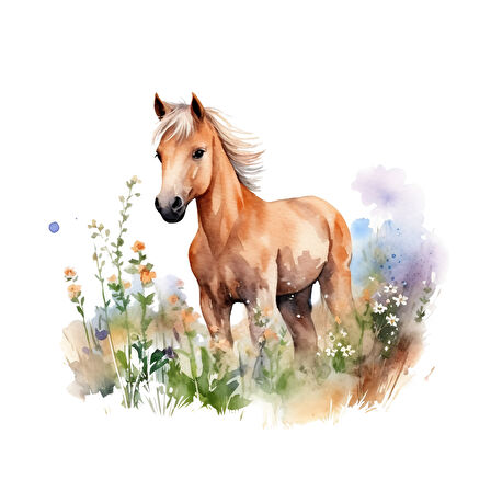 Mor Çiçekler Arasında At Yavrusu Duvar Stickerı