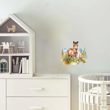 Mor ve Yeşil Çiçekli At Yavrusu Duvar Stickerı