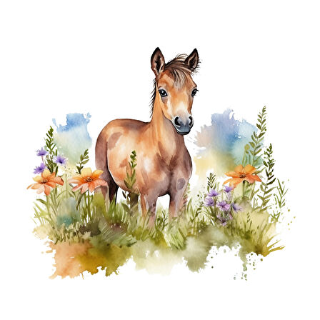 Mor ve Yeşil Çiçekli At Yavrusu Duvar Stickerı