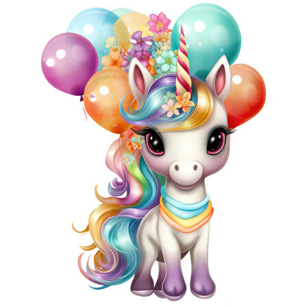 Balonlu ve Gökkuşağı Yeleli Tek Boynuzlu At Duvar Stickerı