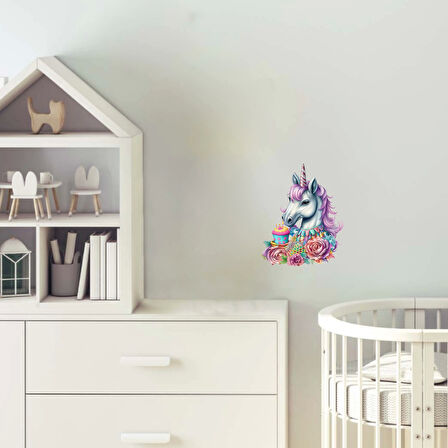 Çiçekli ve Cupcakeli Unicorn Kafası Duvar Sticker'ı