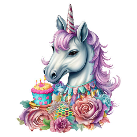 Çiçekli ve Cupcakeli Unicorn Kafası Duvar Sticker'ı