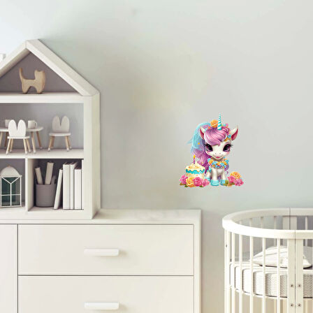 Pembe Yeleli Çiçekli ve Pastalı Unicorn Duvar Sticker'ı