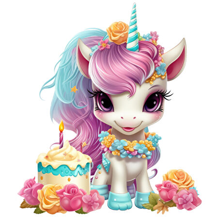 Pembe Yeleli Çiçekli ve Pastalı Unicorn Duvar Sticker'ı