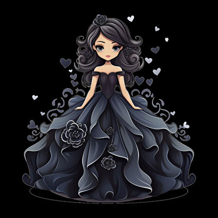 Siyah Kalpli ve Güllü Elbiseli Prenses Duvar Sticker'ı