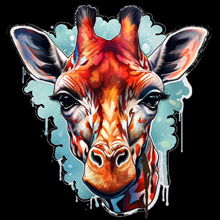 Mavi ve Kırmızı Detaylı Zürafa Kafası Duvar Sticker'ı